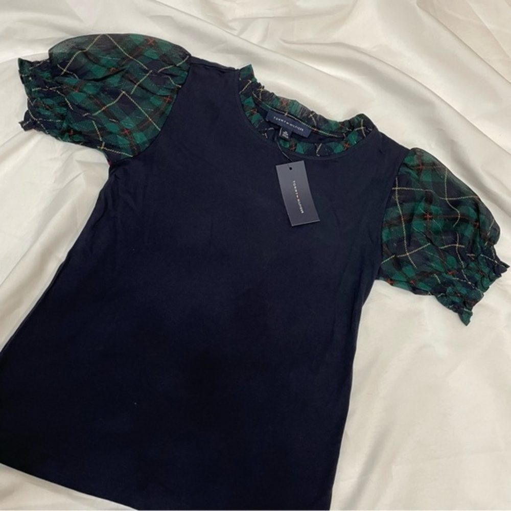 NWT Tommy Hilfiger Tartan Green Plaid Puff Short Sleeve Navy Blue Tee Top, XS